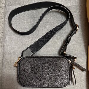 Tory Burch Black Pebbled Leather Logo Camera Crossbody